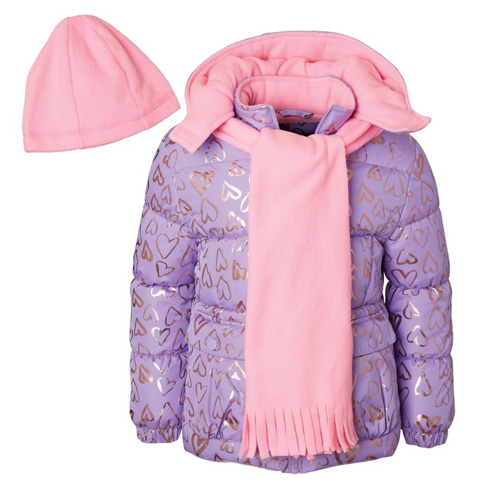 Girls&#39; Puffer Jacket with Hat and Scarf, , large