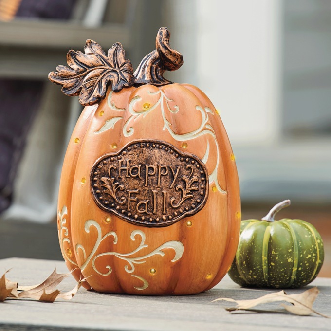 Outdoor Lit Happy Fall Pumpkin, Orange, large