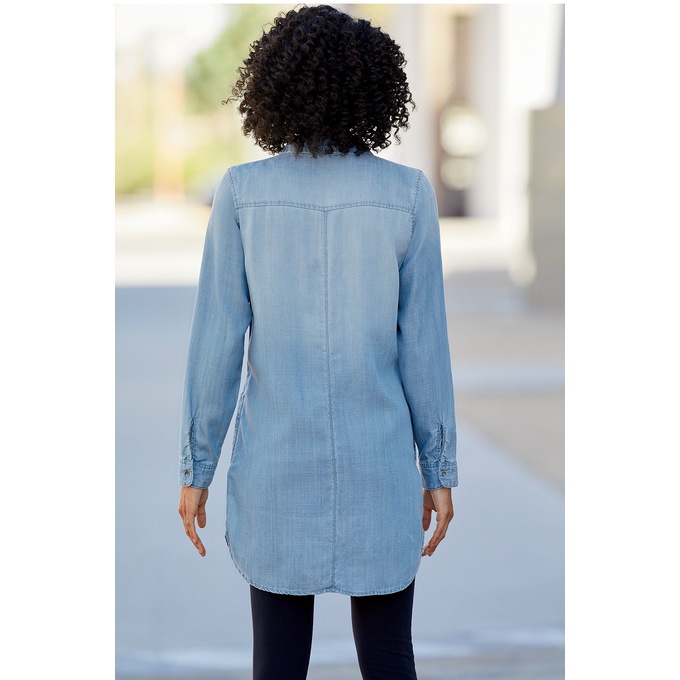 Long-Sleeved Denim Button-Up Tunic, , large