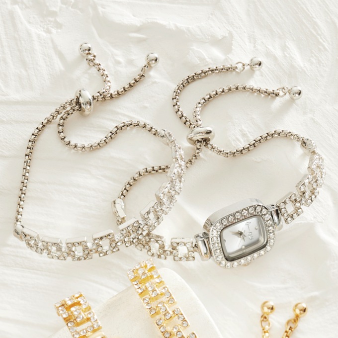 Women&rsquo;s Crystal Rectangular Watch & Bracelet Set, , large