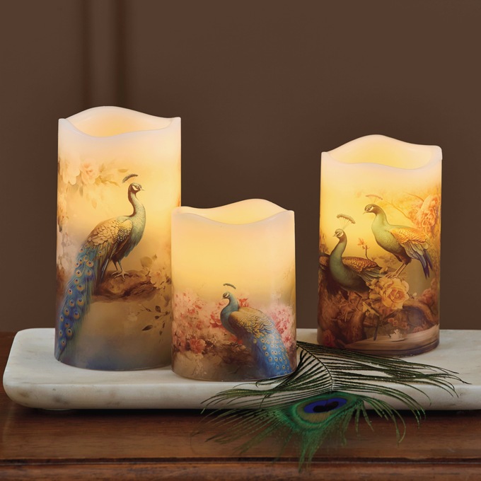 Set of 3 LED Peacock Candles, , large