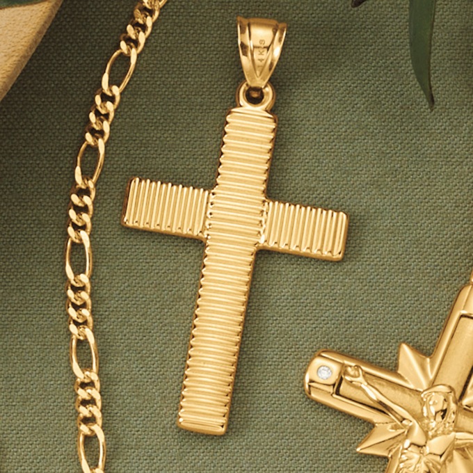 10K Gold Cross Ribbed Pendant, , large