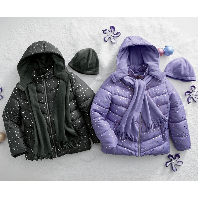 Platinum Girls&#39; Foil Puffer with Hat and Scarf, , large