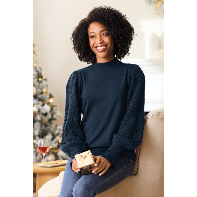 Nora Ribbed Women's Sweater with Pointelle Balloon Sleeves and Mockneck, , large