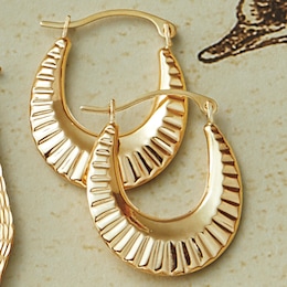 10k Gold Brushed Oblong Hoops, , large