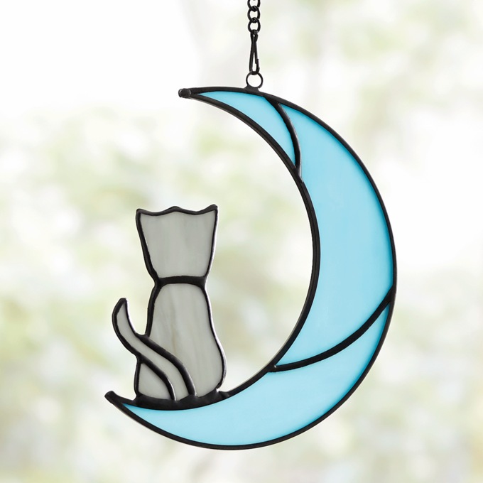 Stained Glass Pet on Moon Window Hanging, , large