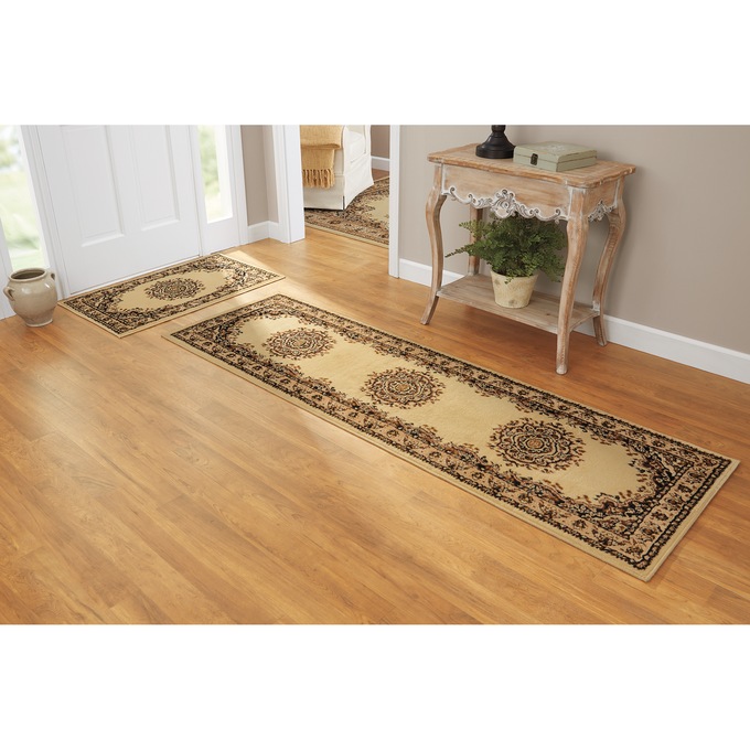 4-Piece Plush Floral Kirman Rug Set with Runner and Mats, , large