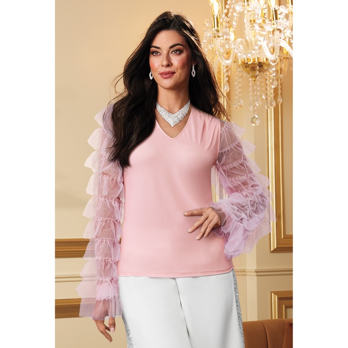 Zia V-Neck Top with Sheer Ruffle Sleeves, , large