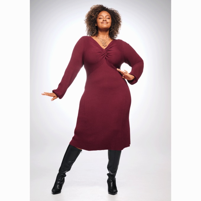 Knot-Front Ribbed Sweater Dress, , large
