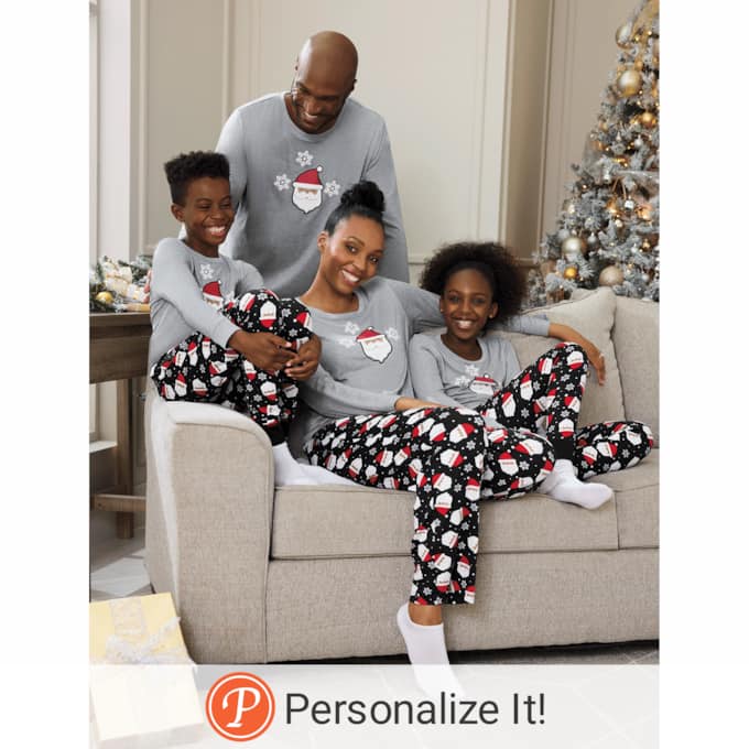 Women's Family Christmas Holiday PJ Set in Soft, Stretchy Jersey Knit, Black Santa, large