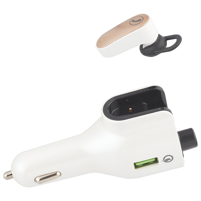 Bluetooth Vehicle FM Transmitter with Wireless Earbud, White, large