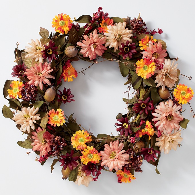 Red and Pink Daisy Fall Floral Wreath, , large