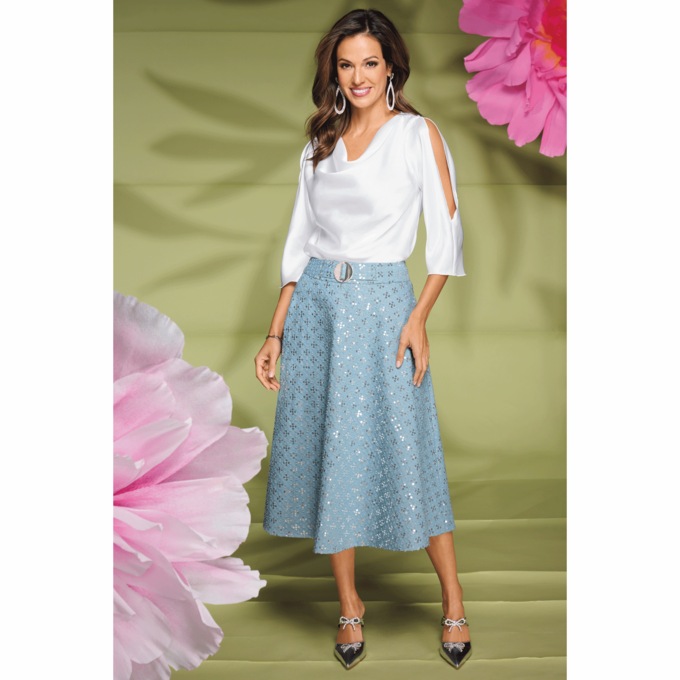 Delta Belted Women&rsquo;s Metallic Denim Midi Skirt with Sequins, , large
