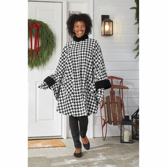 Sherpa-Trimmed Fleece Cape with Gloves, , large