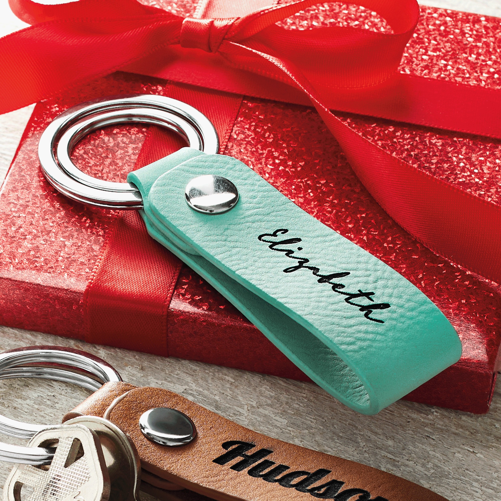 Personalized Leatherette Keychain, Aqua, large
