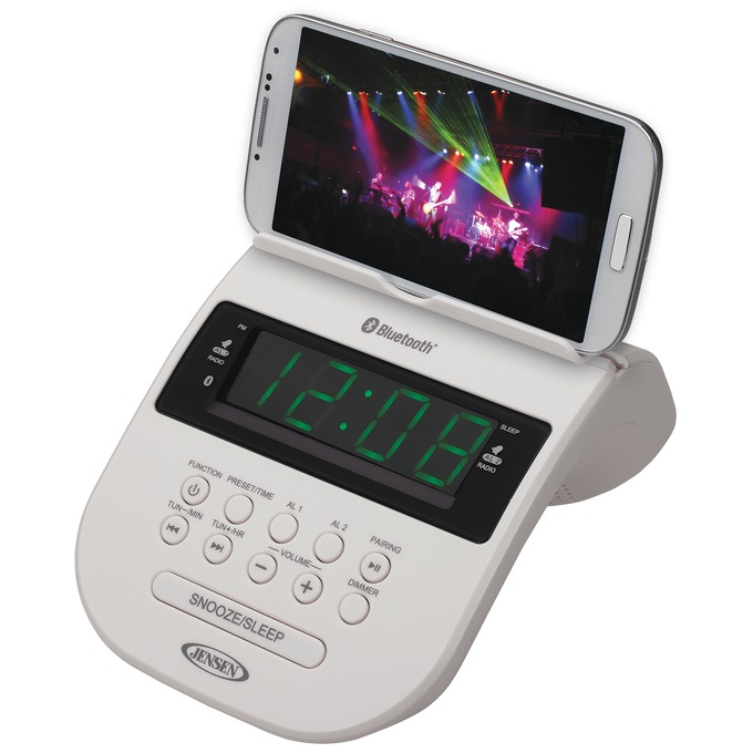JENSEN Bluetooth Clock Radio with Smartphone Holder, White, large