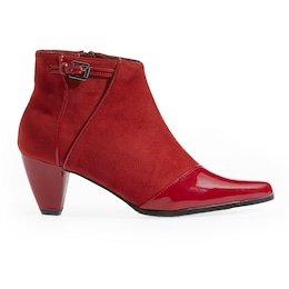 Celestine Women&#39;s Faux-Patent Leather Bootie with Contrasting Faux Suede, , large