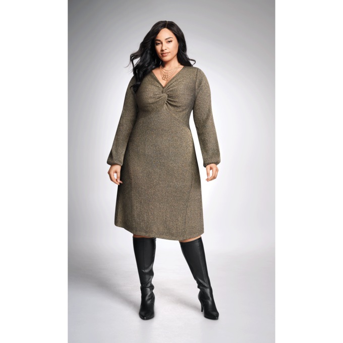 Knot-Front Ribbed Sweater Dress, , large