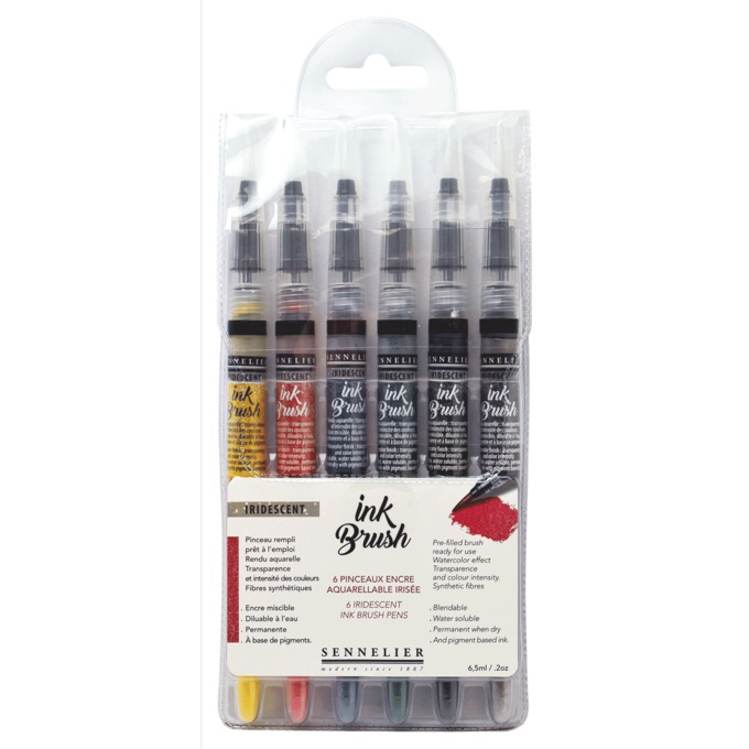 Sennelier Ink 6-Color Iridescent Brush Pen Set, , large