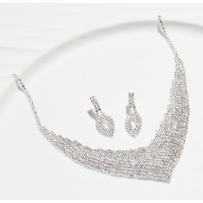 Crystal V-Shaped Bib Necklace & Earring Set, Clear Silvertone, large