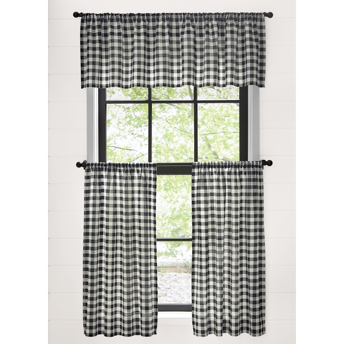 Cotton 3-Piece Gingham Kitchen Curtain Set with Valance and Tier Pair, , large
