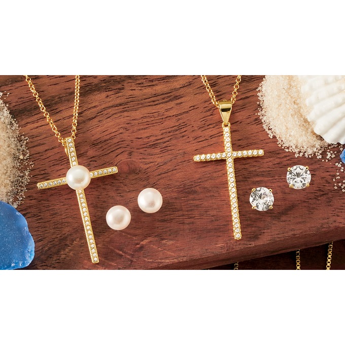Gemstone Cross Pendant and Earring Set, , large