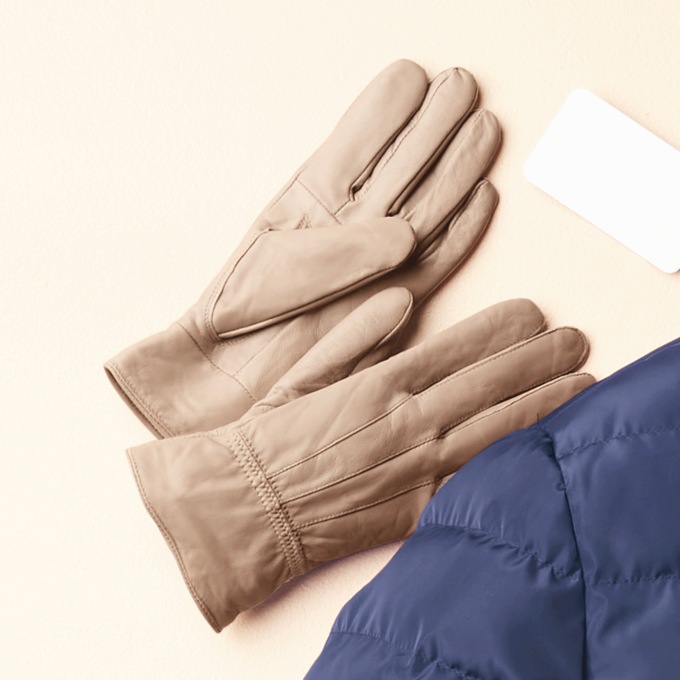 Classic Cinched Leather Gloves, Oat, large