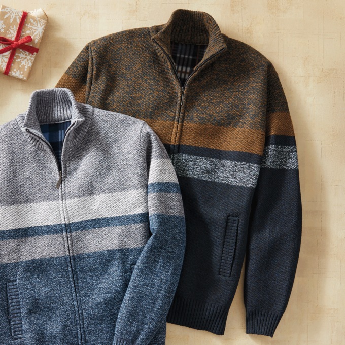 Full-Zip Fleece-Lined Sweater, , large