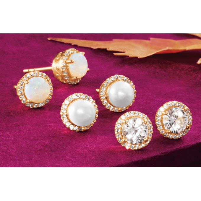 Gemstone 3-Pair Halo Stud Earring Sets, , large