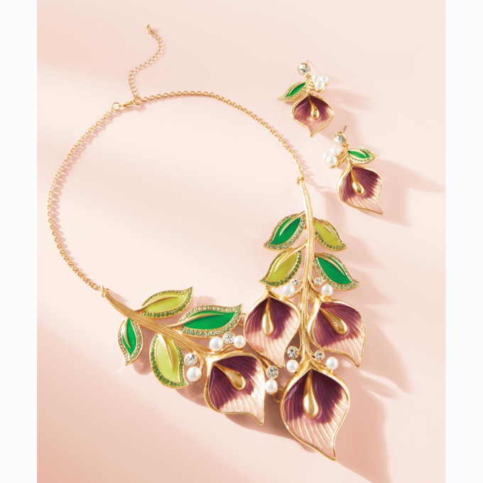 Multicolor Crystal & Faux-Pearl Enamel Floral Jewelry, , large