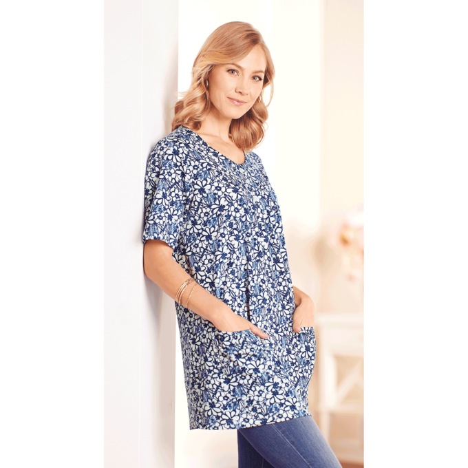 Knit Tunic with Patch Pockets, Blue Floral, large