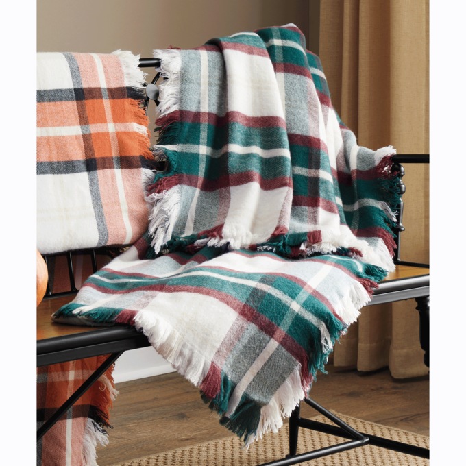 Wool-Blend Plaid Blanket, Burgundy Hunter Green Cream, large
