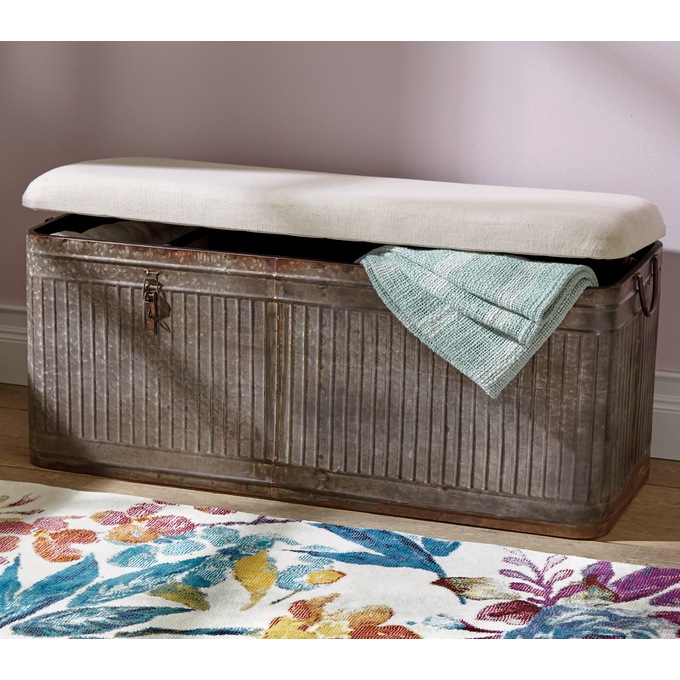 Galvanized Metal Storage Trunk Bench, , large