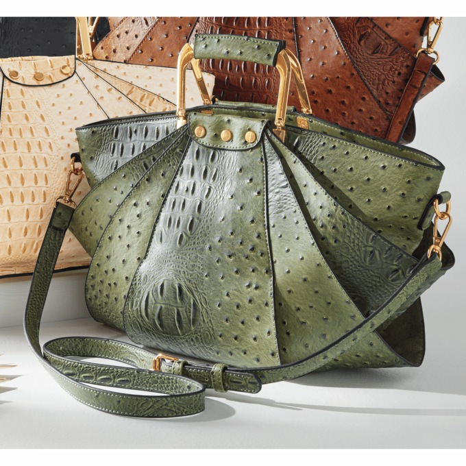 Croco-Fan Embossed Faux Leather Handbag &ndash; Fanned Design with Zip Closure, Inside Pockets & Removable Strap, Green, large