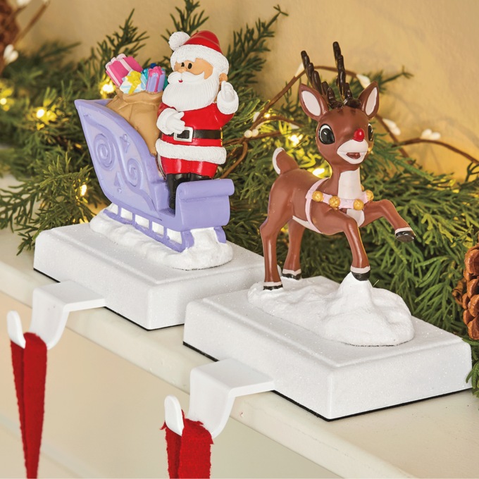 Set of 2 Santa and Rudolph Stocking Hangers, , large