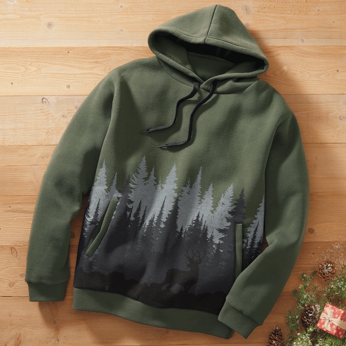 Men&rsquo;s Fleece Forest Print Hoodie with Hidden Deer Graphic, , large