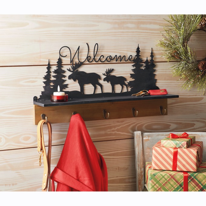 Welcome Lodge Wall Shelf with Hooks, , large