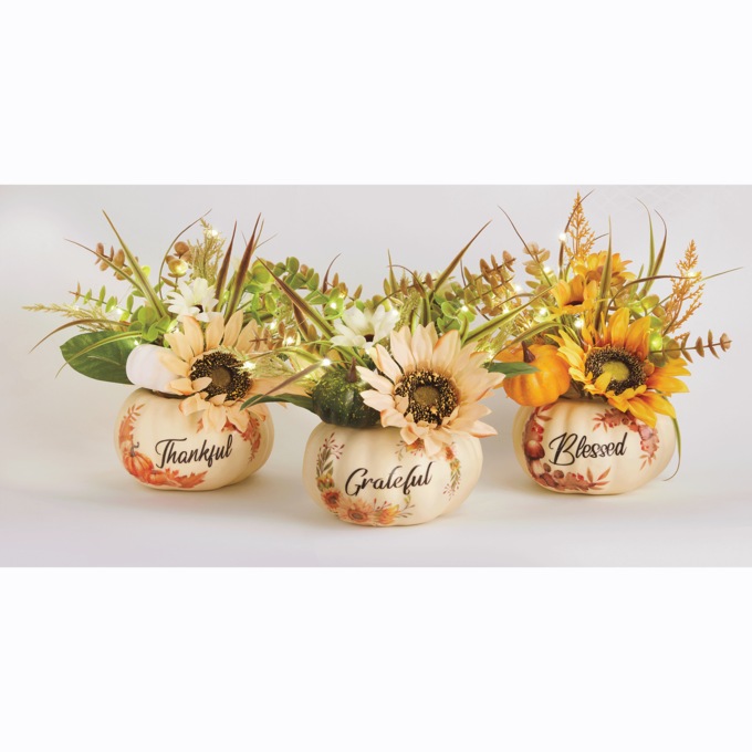 Set of 3 Lit Harvest Pumpkins with Sunflowers, , large