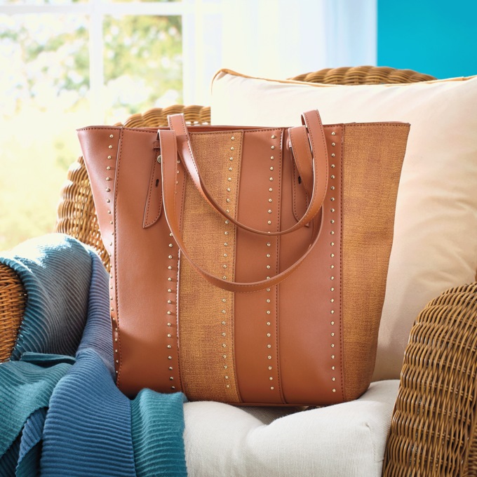 Deco Stitched Faux-Leather Tote, Tan, large