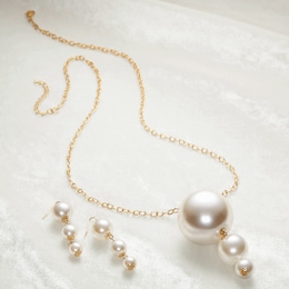 Faux-Pearl Drop/Long Necklace &amp; Earring Set, , large