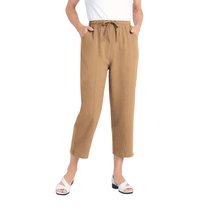 Drawstring Cotton Capris, Tan, large
