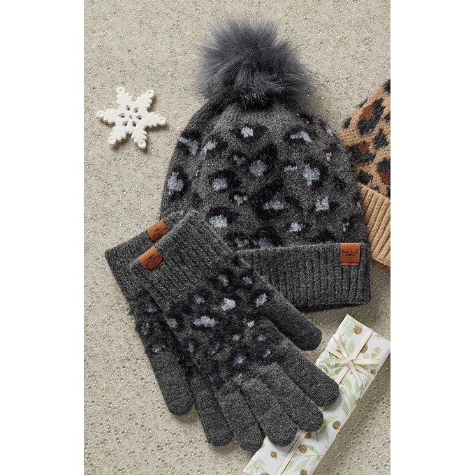 Britts Knit Snow Leopard Hat and Glove Set, , large
