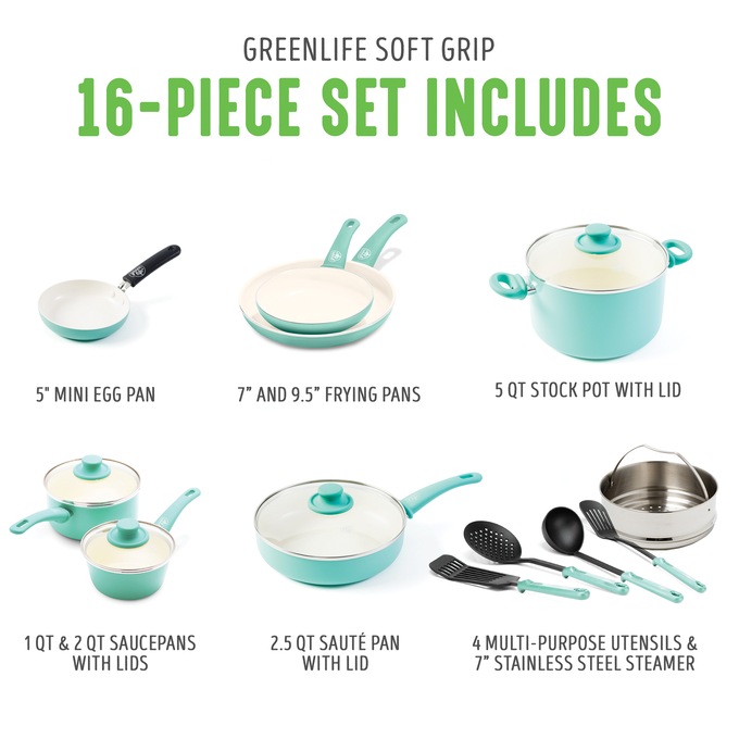 GreenLife 16-Piece Soft-Grip Cookware Set, Turquoise, large