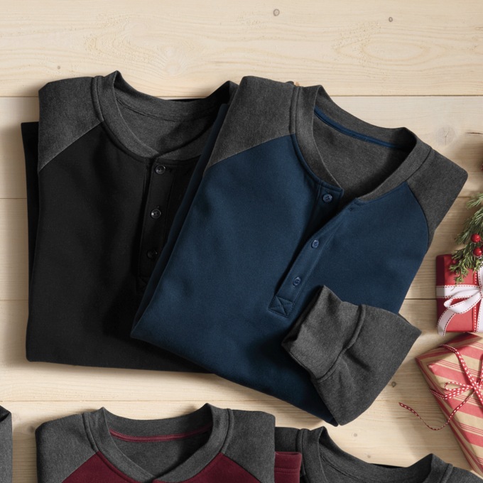 2-Pack Men's Fleece Raglan Henley Shirt in Sweatshirt Fabric with Long Sleeves, , large