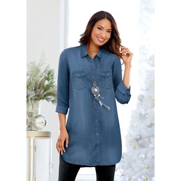 Long-Sleeved Denim Button-Up Tunic, Medium Indigo, large