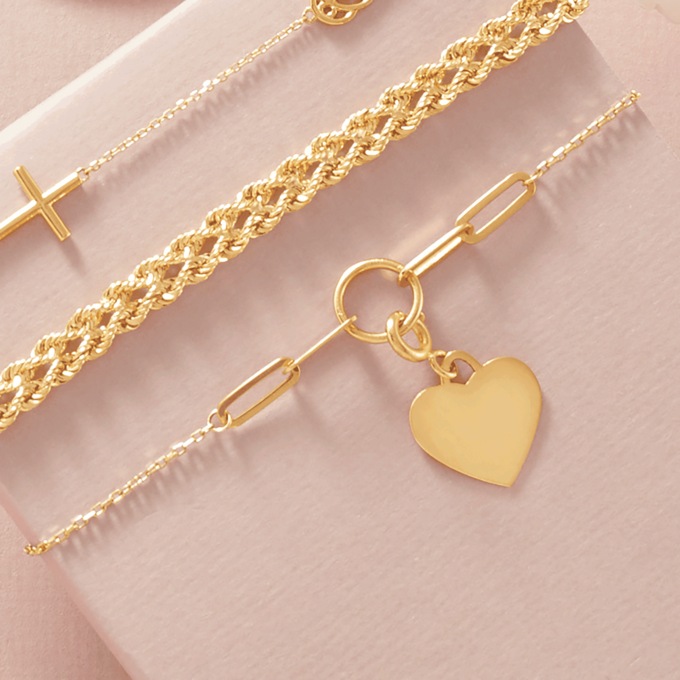 10K Gold Mixed-Link Heart Bracelet, , large