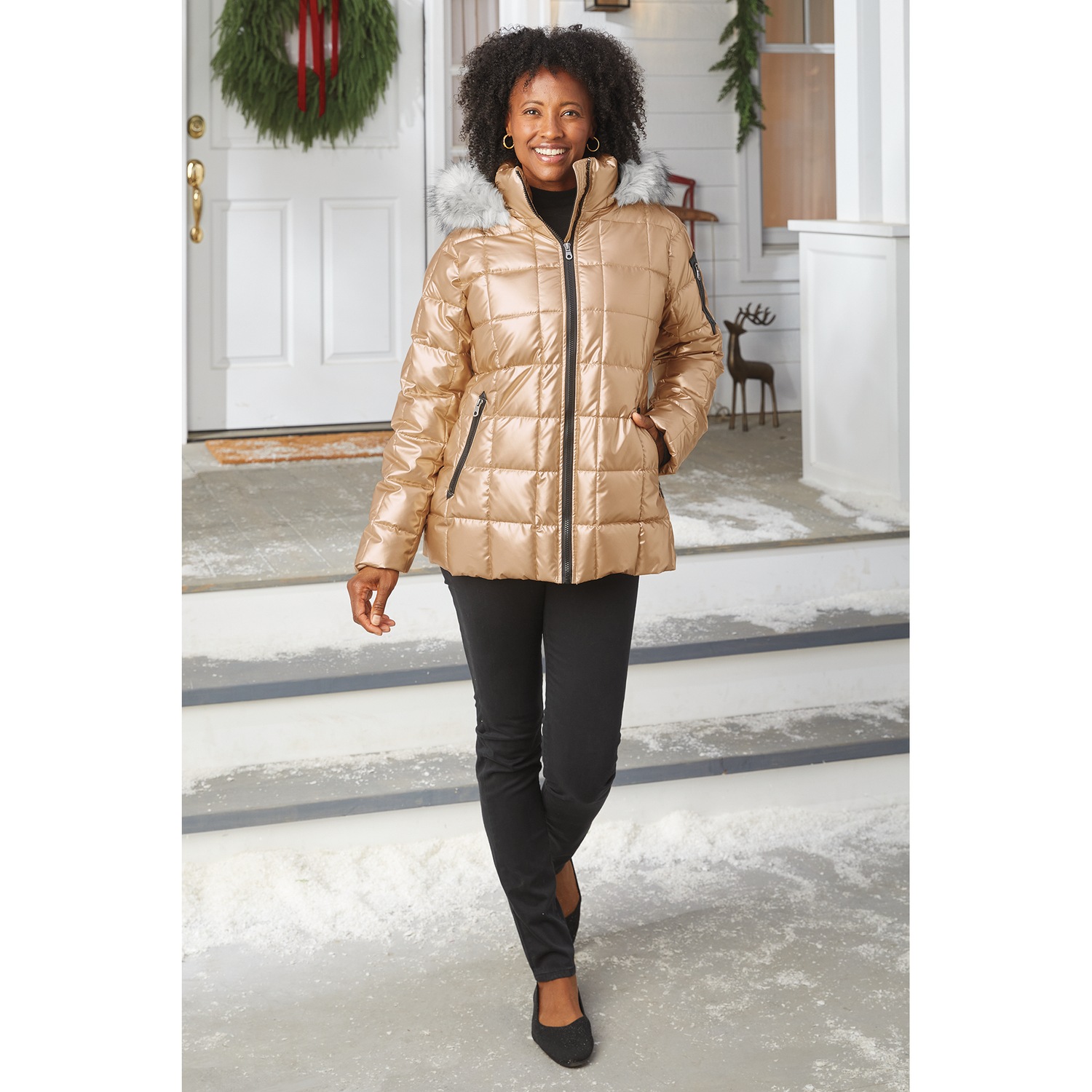ジャケット・アウター MASU VELVET PUFFER JACKET size:44 Mia Shiny Puffer Jacket with Faux-Fur Hood | Montgomery Ward