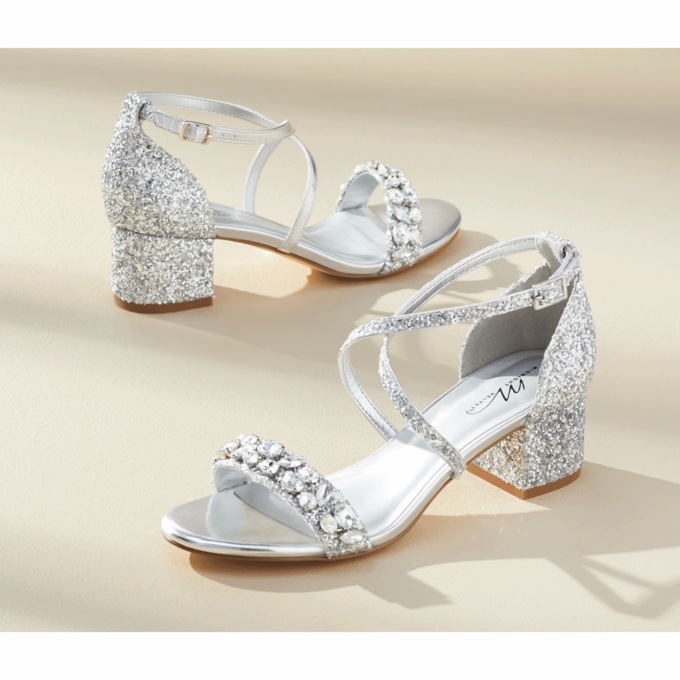 Cross-Strap Glitter Sandal with Rhinestones and 2&rdquo; Block Heel, , large