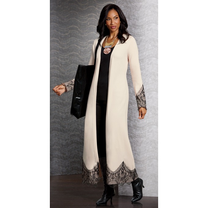 Lissa Long Duster Cardigan with Lace Trim, Ivory, large