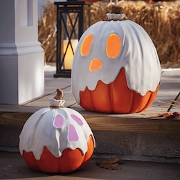 Set of 2 Outdoor Lit Ghost Pumpkins, , large